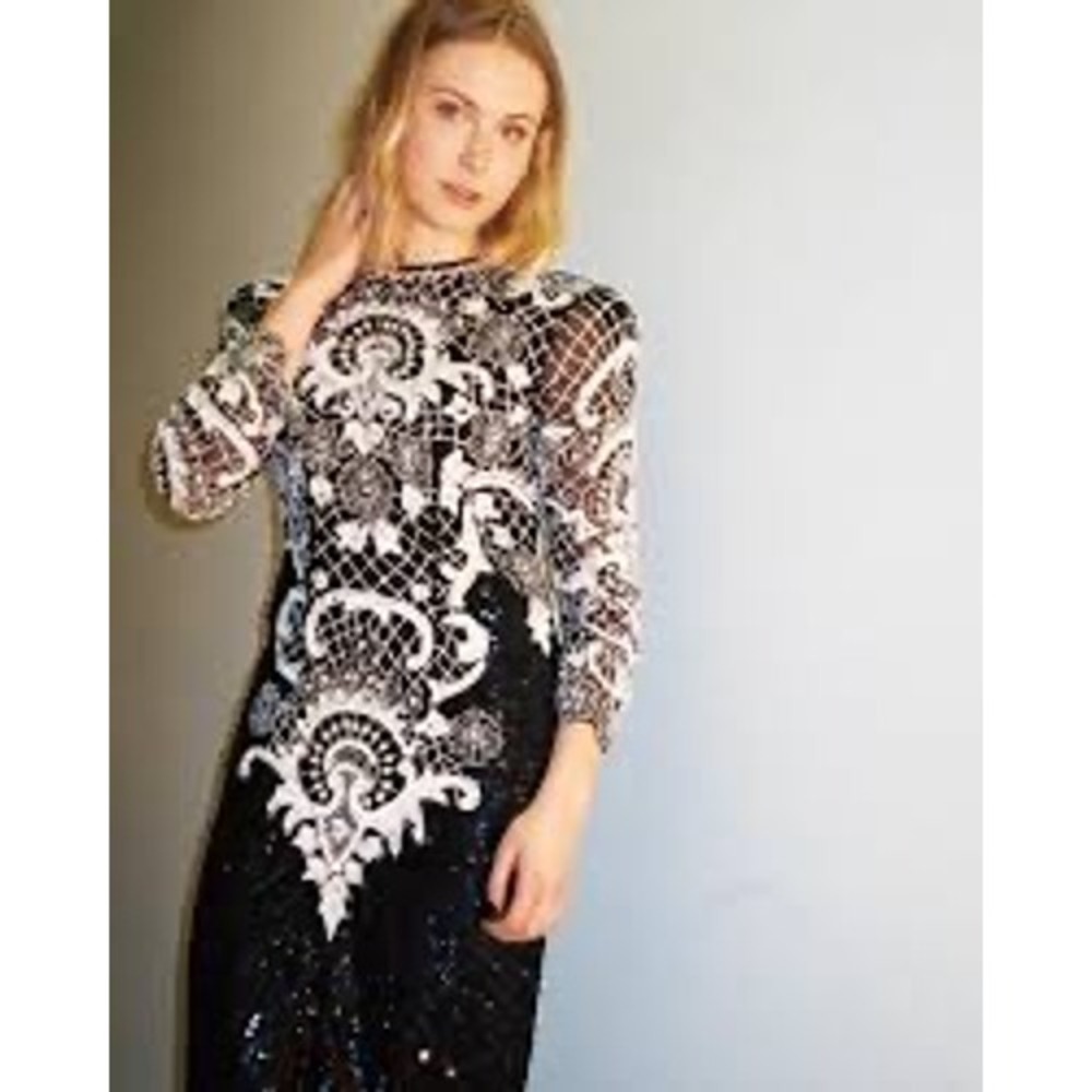 Vintage Swee Lo Silk Black White Sequin Beaded Long Sleeve Sheath Dress Size 8